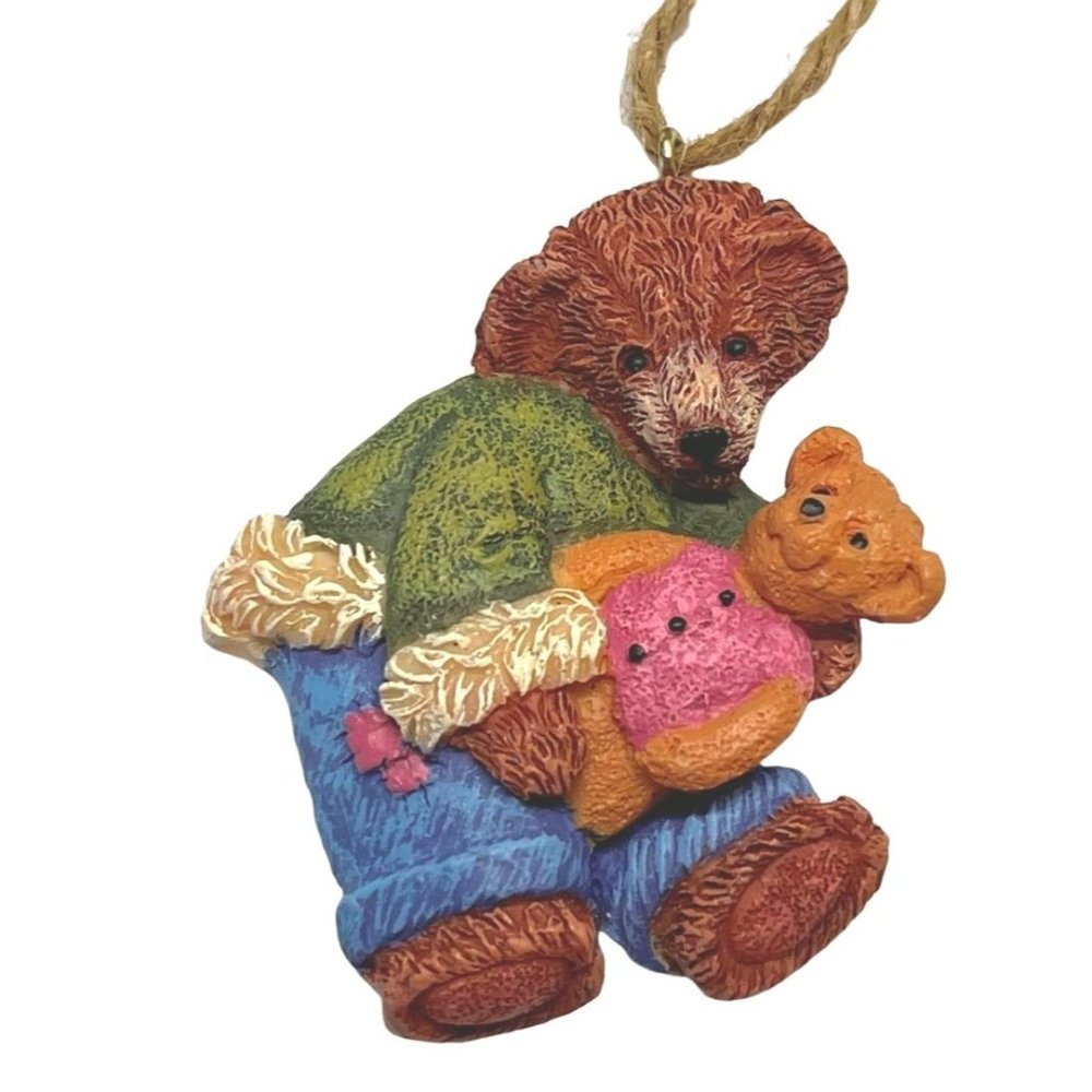 Vintage Mini Christmas Tree Ornament  Bear holding Teddy Bear 2" Tall Carved Sty